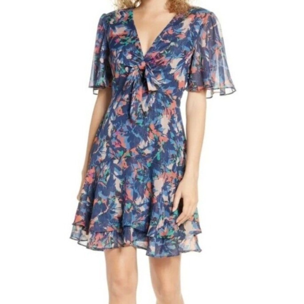 Harlyn Abstract Floral Metallic Flutter Sleeve Mini Dress Navy Blue Size M